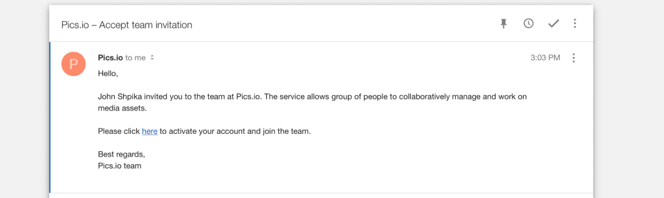 Pics.io email invitation