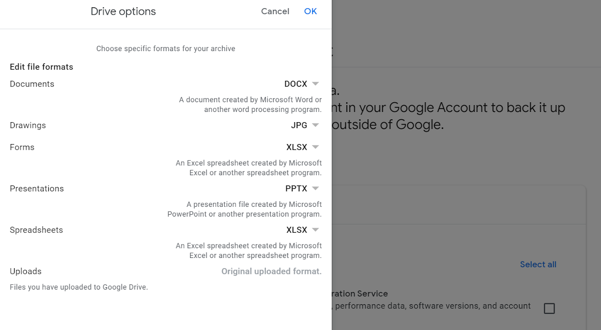 Choose formats in Google Takeout