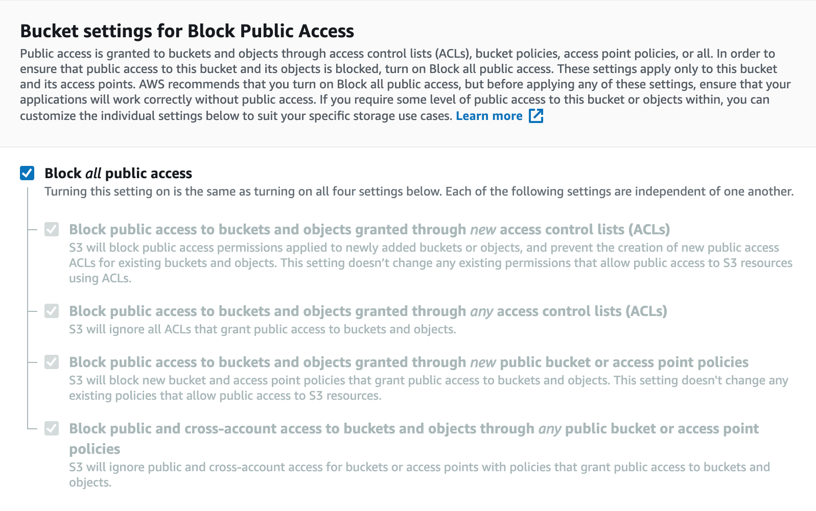 Bucket settings for public access