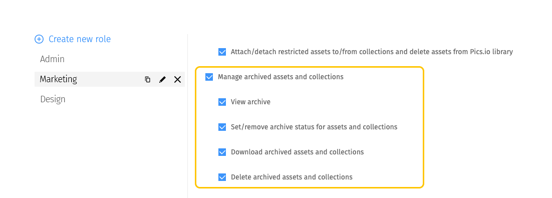 Set roles and permissions for archiving in Pics.io