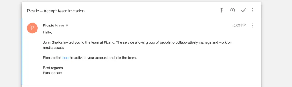 Pics.io email invitation
