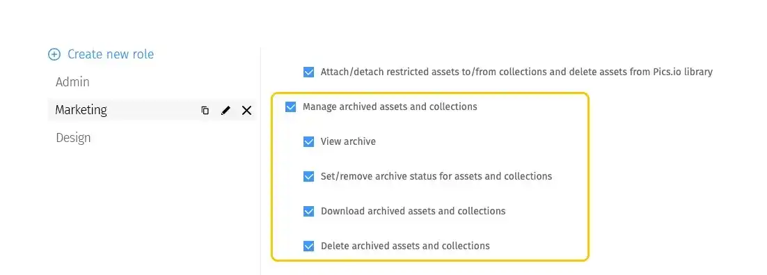Set roles and permissions for archiving in Pics.io