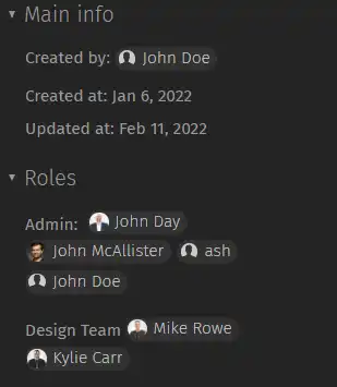 A screenshot of Pics.io's interface (infopanel) showing Roles and Teams.