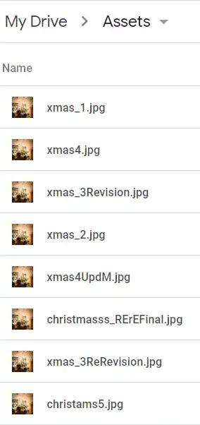 An example of how multiple versions of the same asset look when stored in Google Drive