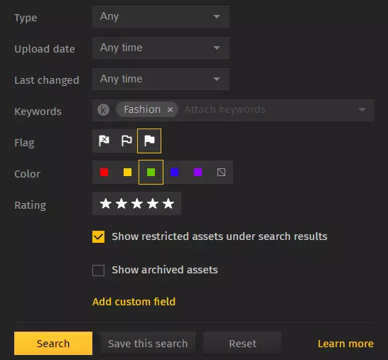 A screenshot of Pics.io's interface showing Advanced Search filters