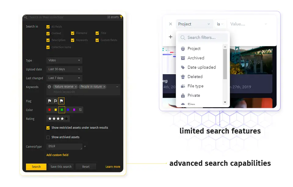 Frame.io comparison with Pics.io's search