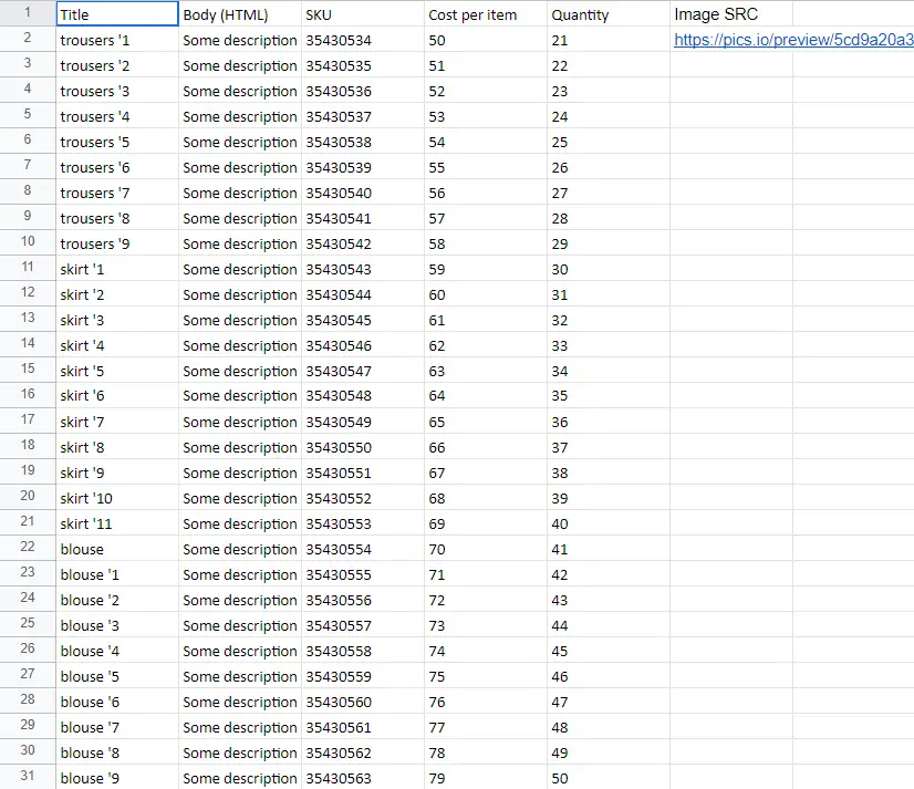 A screenshot of CSV sheet that is used by Shopify for bulk image upload