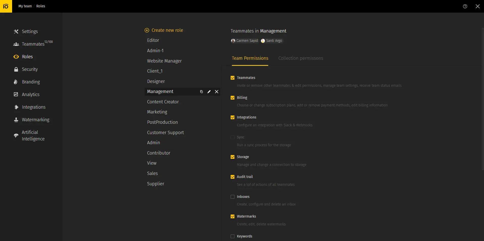 Screenshot of Pics.io's MAM interface, showcasing permissions & roles management