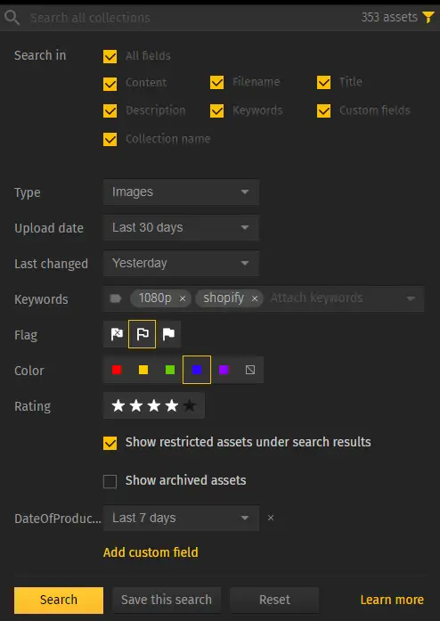 Pics.io enterprise asset management solution lets you search for assets by their metadata