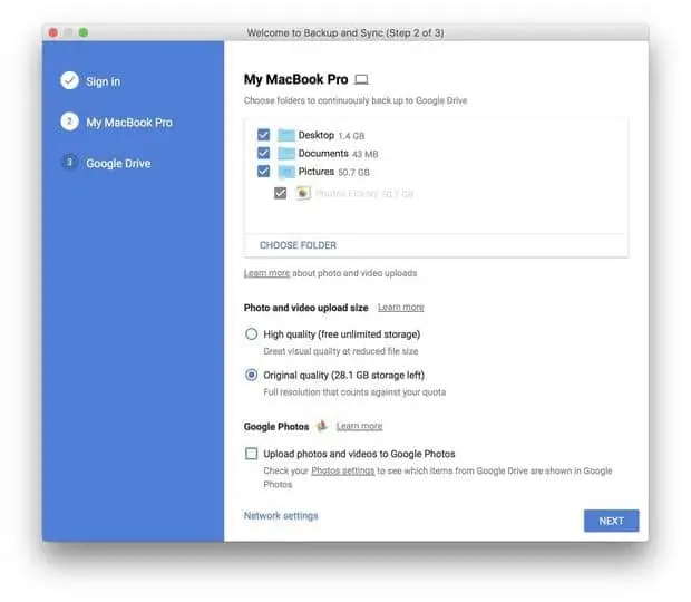 Screenshot of Macbook Pro's prompt to upload files to Google Drive