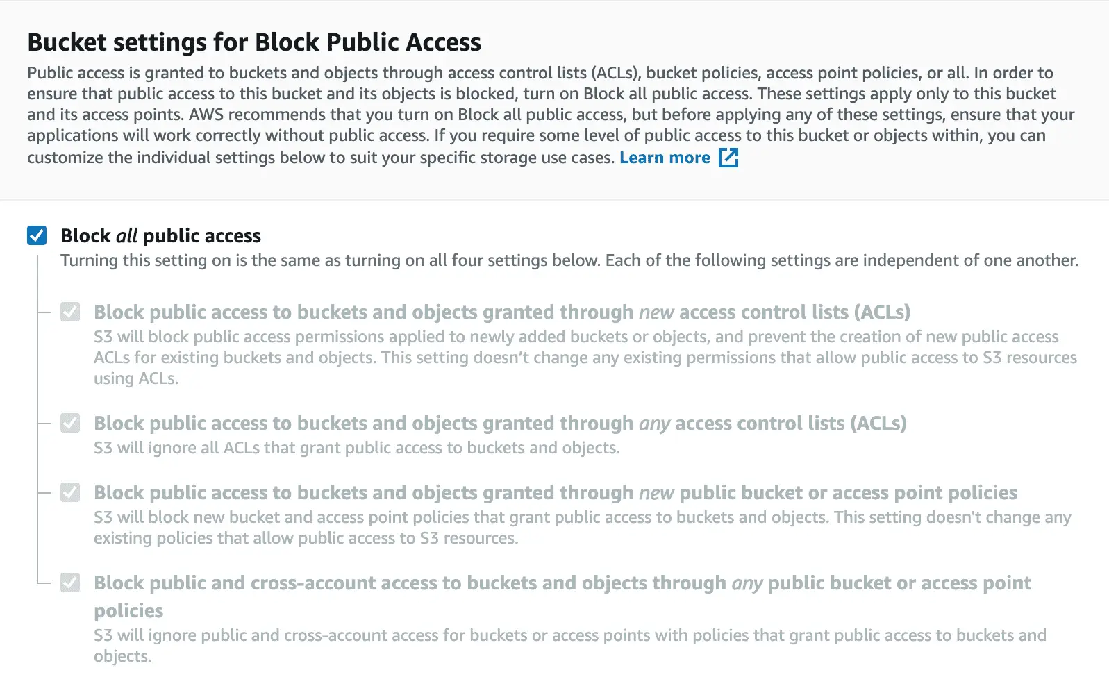 S3 Bucket settings for Block Public Access