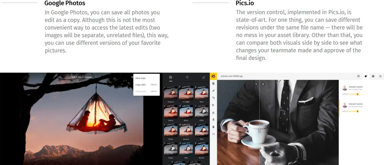 Version control Google Photos vs. Pics.io