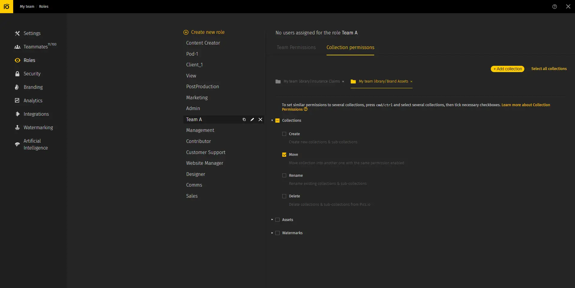 Screenshot of Pics.io digita lasset management UI: permission management screen