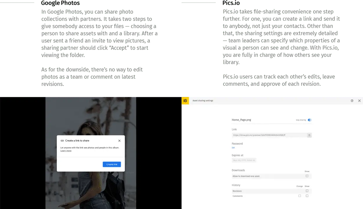 Shared access Google Photos vs Pics.io