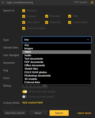 Pics.io's DAM system lets you search by any and all metadata, keywords, and other criteria that you can think of