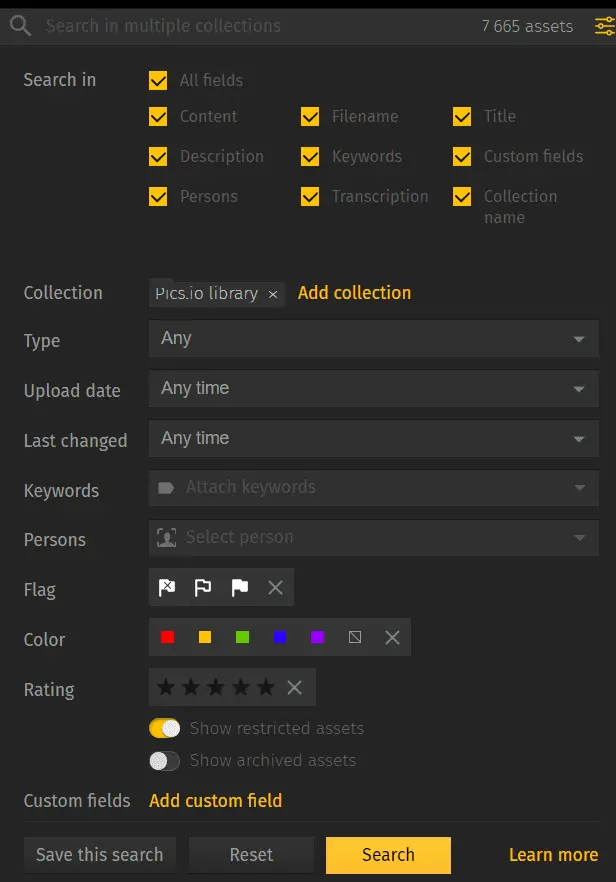 Pics.io DAM: advanced search