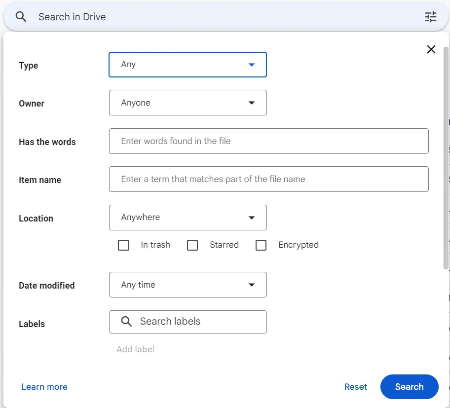 Google Drive search settings