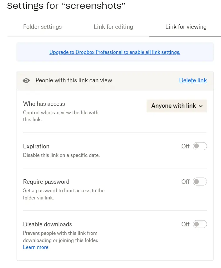 Dropbox: sharing links settings