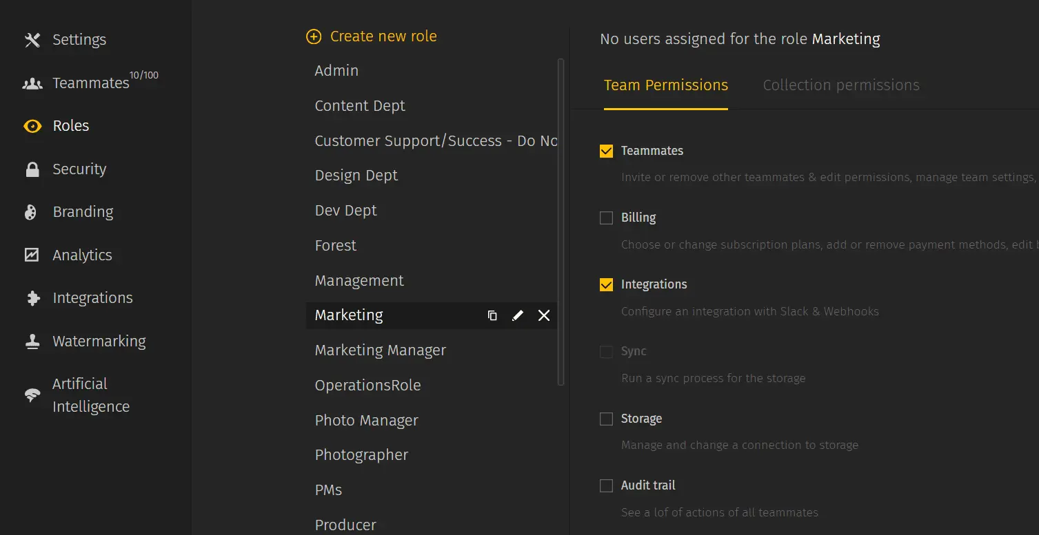 Pics.io DAM: user roles and permissions