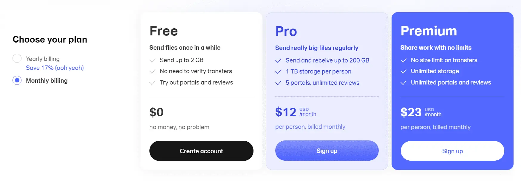 WeTransfer pricing plans