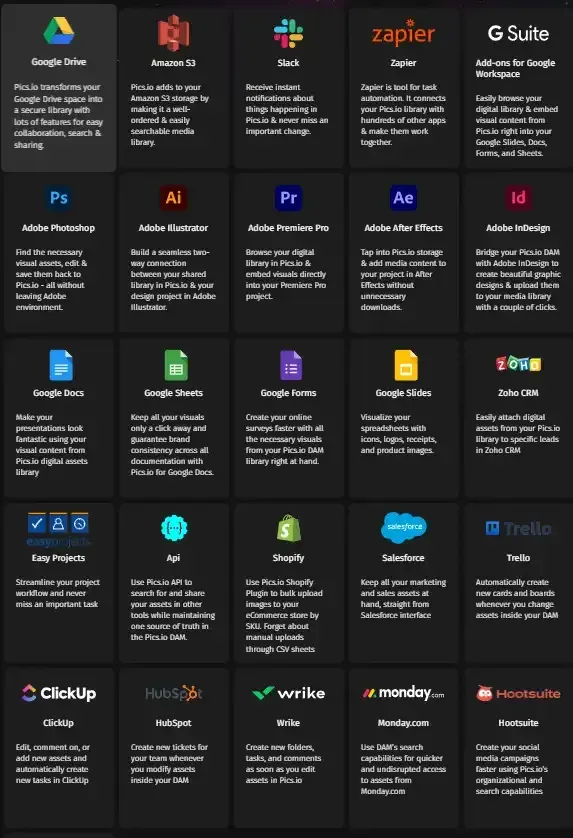 Pics.io DAM has many integrations already on demand and you can even build your own through Zapier or API use.